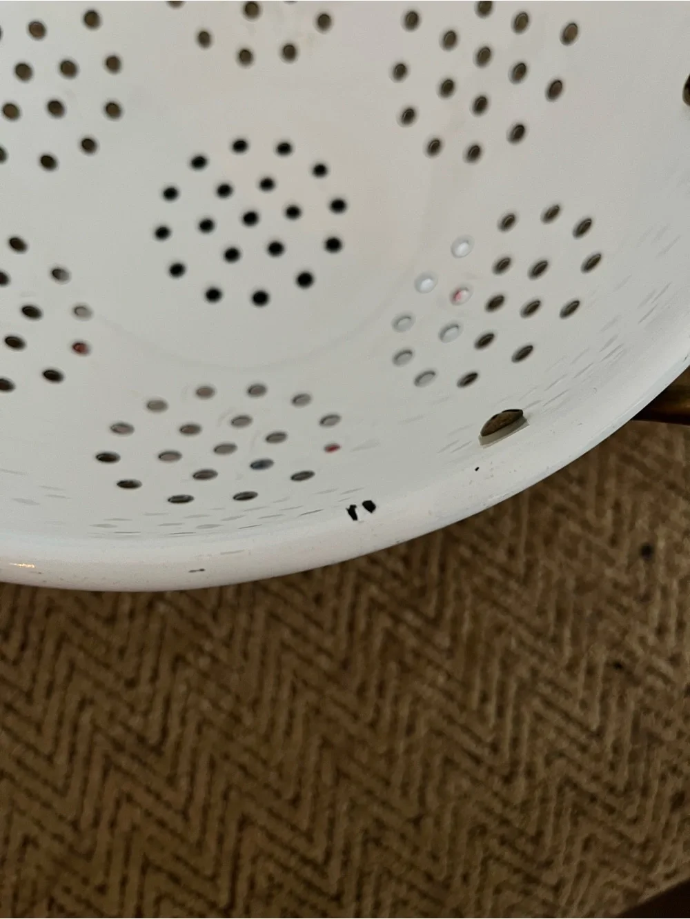 White Floral Enamel Pedestal Colander with Brass Handles